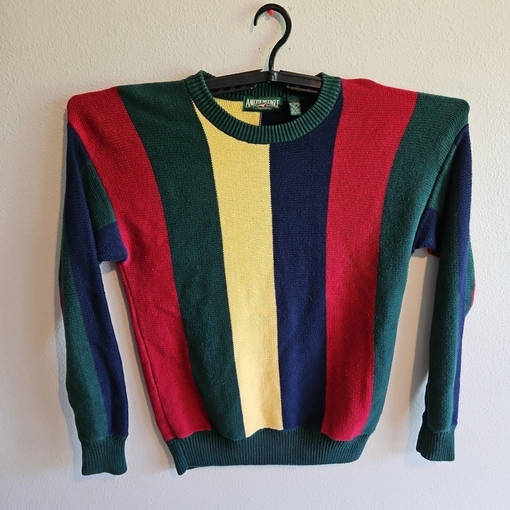 Vintage American Eagle Color Block Knitted Crewneck Striped Sweater Men's L 90s